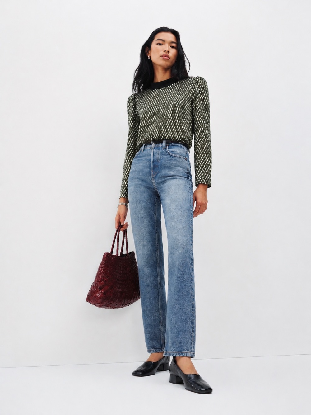 Textured Olive Green Knit Blouse with Black Trim